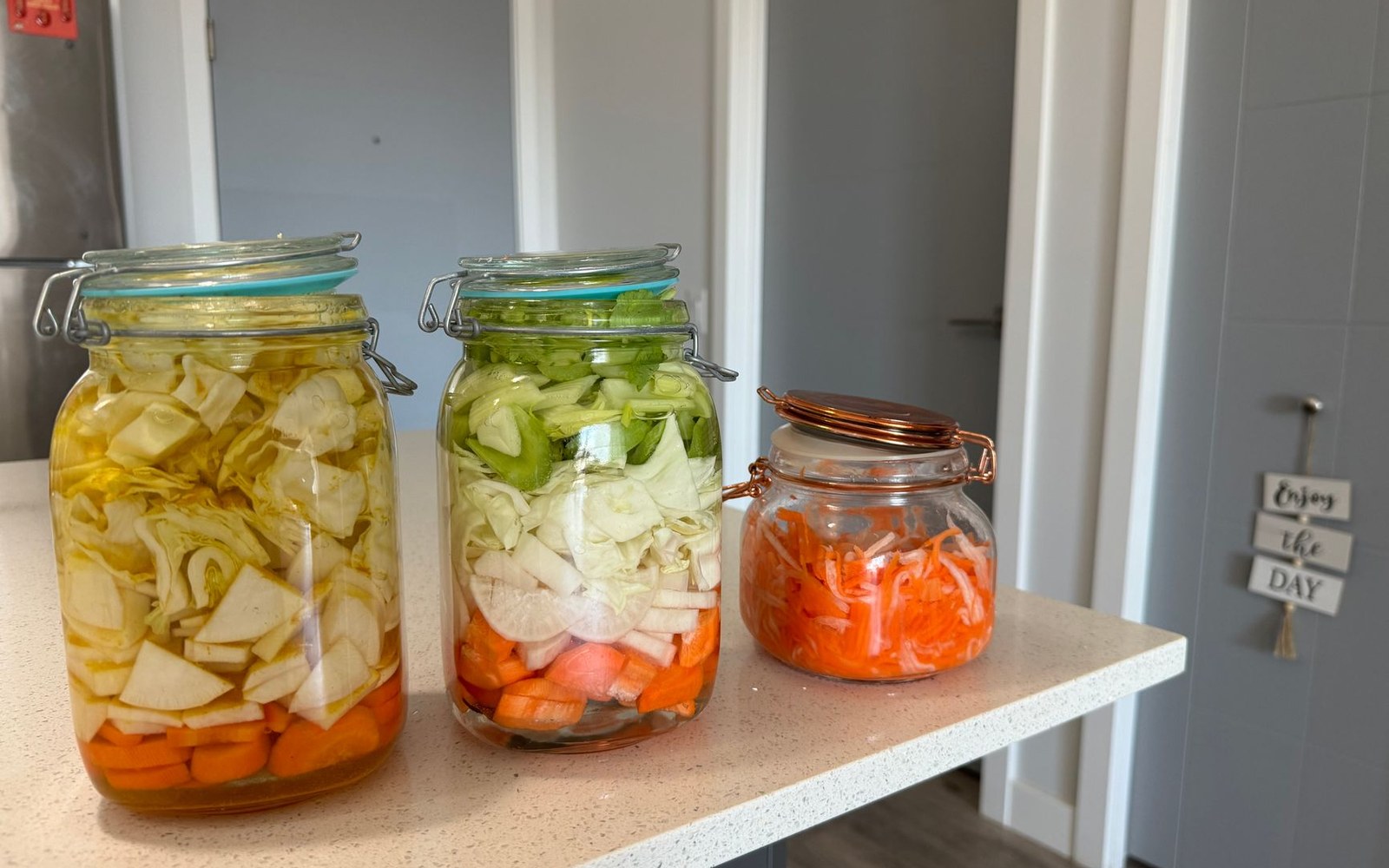 Three glass jars with clip lids hold pickled cabbage, fennel, carrots and turnips on a countertop